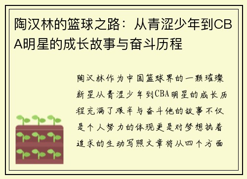 陶汉林的篮球之路：从青涩少年到CBA明星的成长故事与奋斗历程